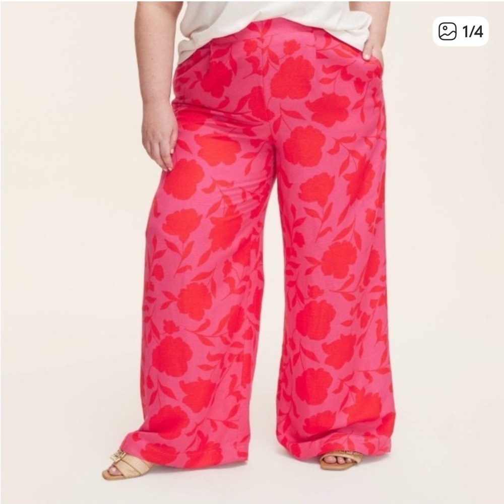 kate spade Wide-Leg Rose Print Linen Trousers - Bright Pink & Red - Target